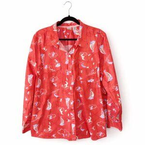 L.L.Bean Women’s 3X Coral Red Nautical Print Button-Up Shirt